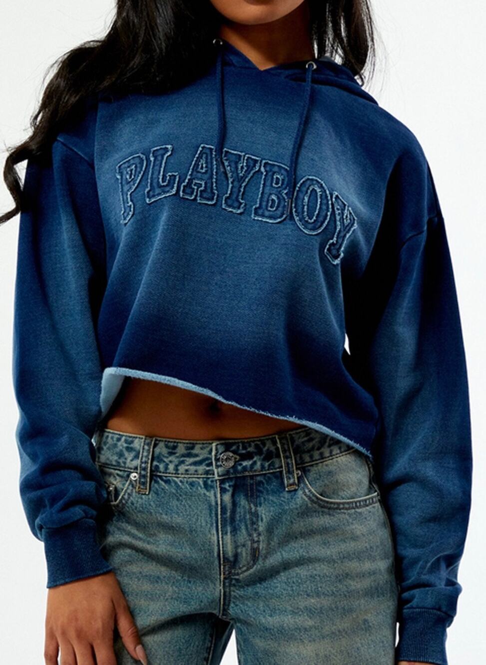 Playboy Frayed Applique Cropped Hoodie navy blue cropped raw hem logo NWT Small